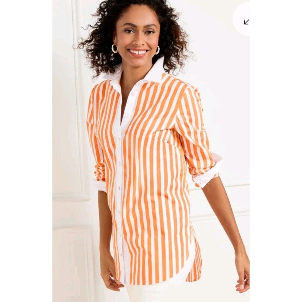 Talbots Womens Sz L Orange White Striped Coastal Cotton Casual Button-Up Shirt
